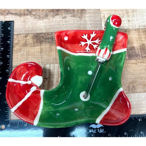 Christmas Elf Boot Shaped Ceramic Serving Dish With Spreader Knife - Picture 3 of 4